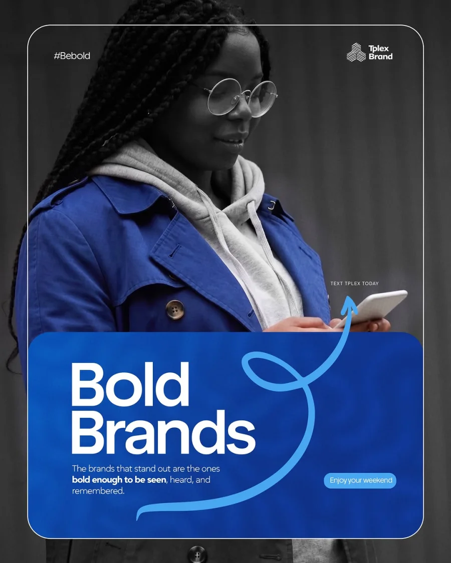 Tplex Brand bold brands campaign with a person in a blue coat