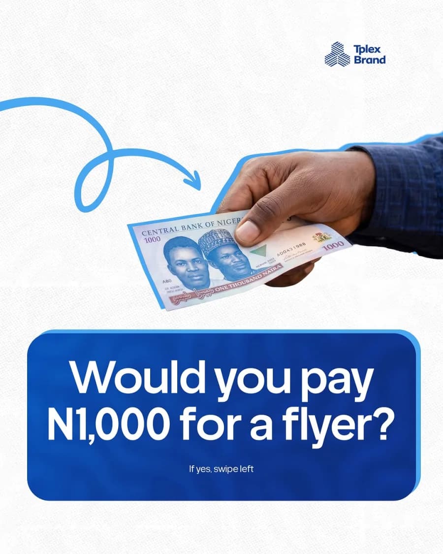 Tplex Brand flyer campaign artwork featuring a hand holding a Nigerian one thousand naira note