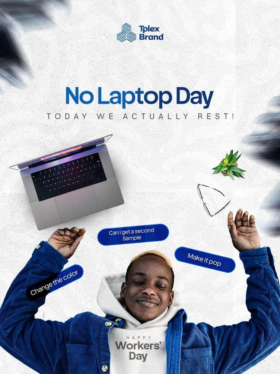 Tplex Brand No Laptop Day campaign artwork with a person resting beneath a laptop